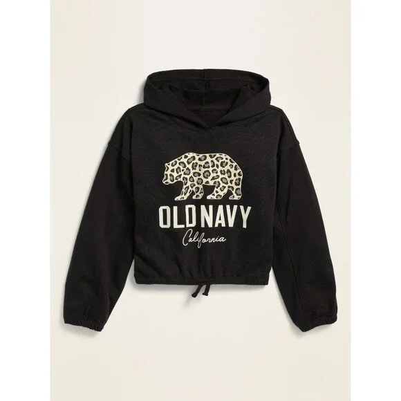 Old Navy Girls Leopard Bear Hoodie Black Cropped Pullover - Size L (10/12) - Picture 1 of 6